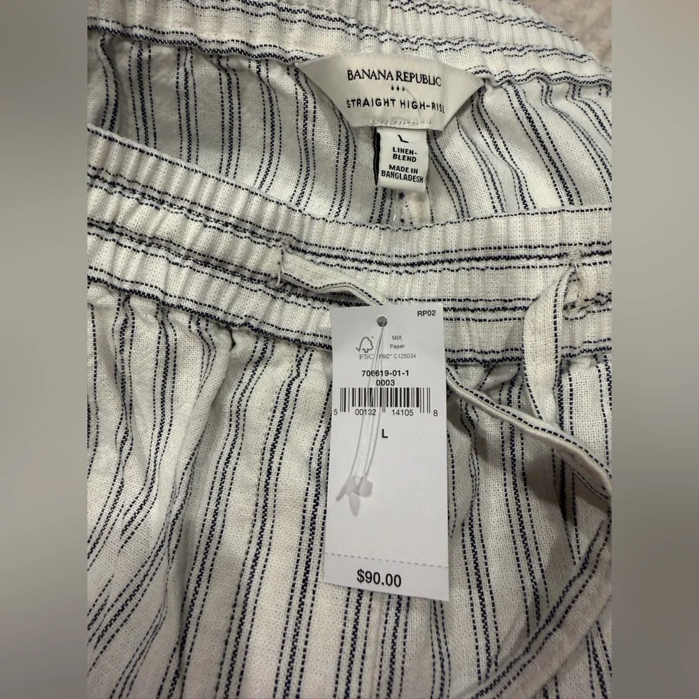 NWT Banana Republic Linen Blend Stripe Pants Large Coastal Drawstring Straight